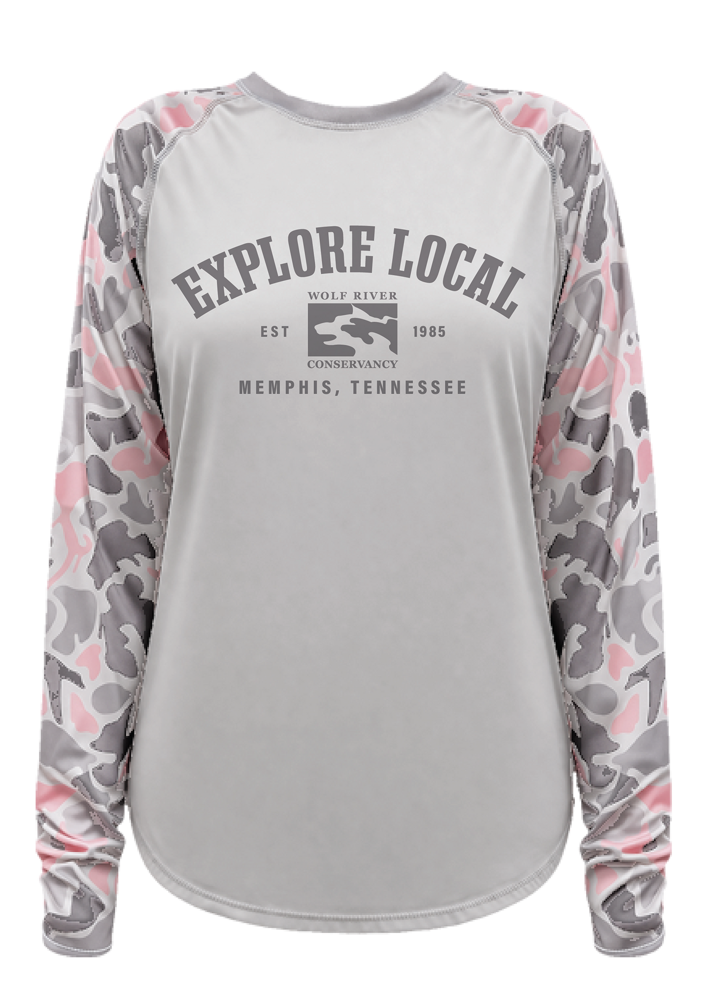 Wolf River Conservancy - Explore Local Crew Neck Shirt Pink Critter Camo