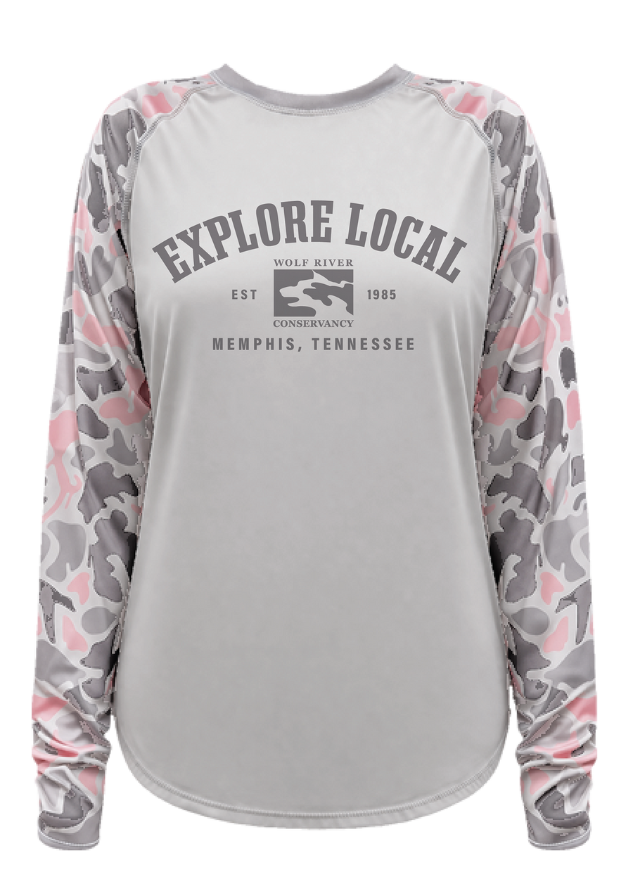 Wolf River Conservancy - Explore Local Crew Neck Shirt Pink Critter Camo