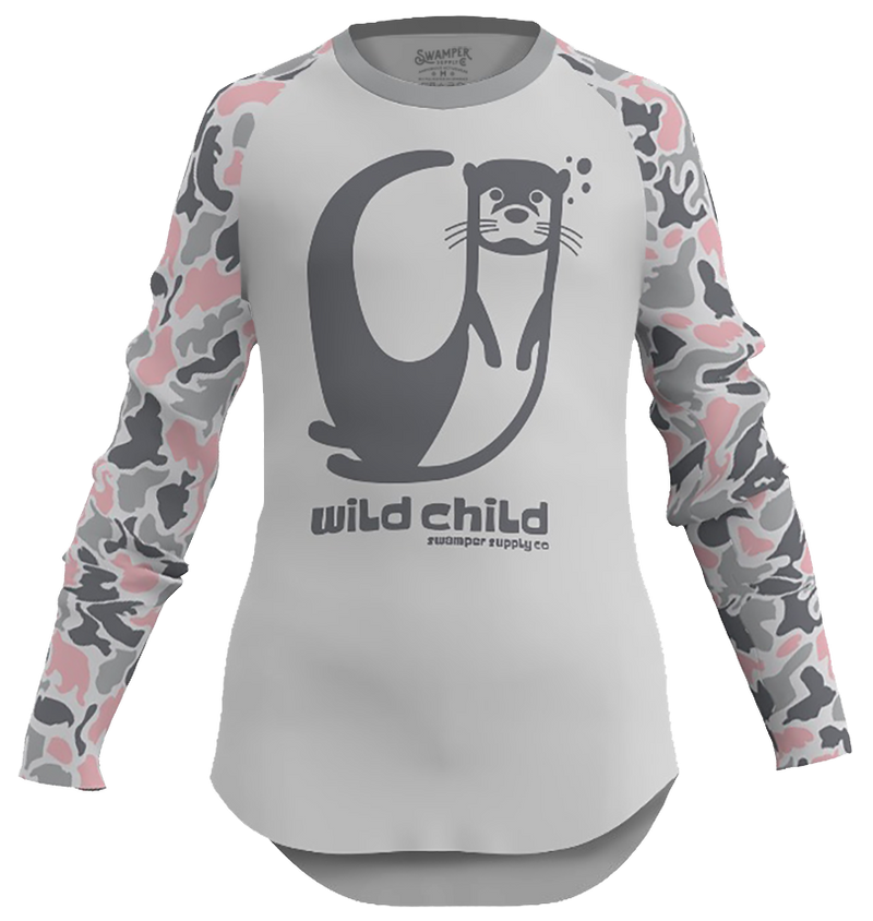Youth Pink Critter Camo Long Sleeve Crew Shirt
