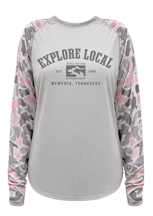 Wolf River Conservancy - Explore Local Crew Neck Shirt Pink Critter Camo