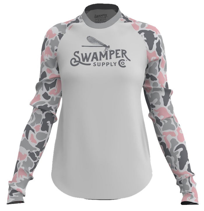 Women's Pink Critter Camo Long Sleeve Crew Neck Shirt